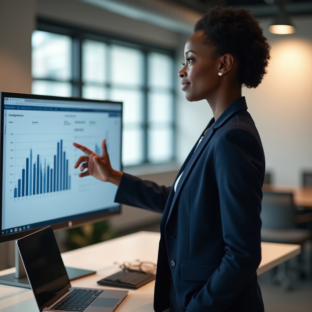 Marketing professional reviewing campaign performance data on a laptop and monitor