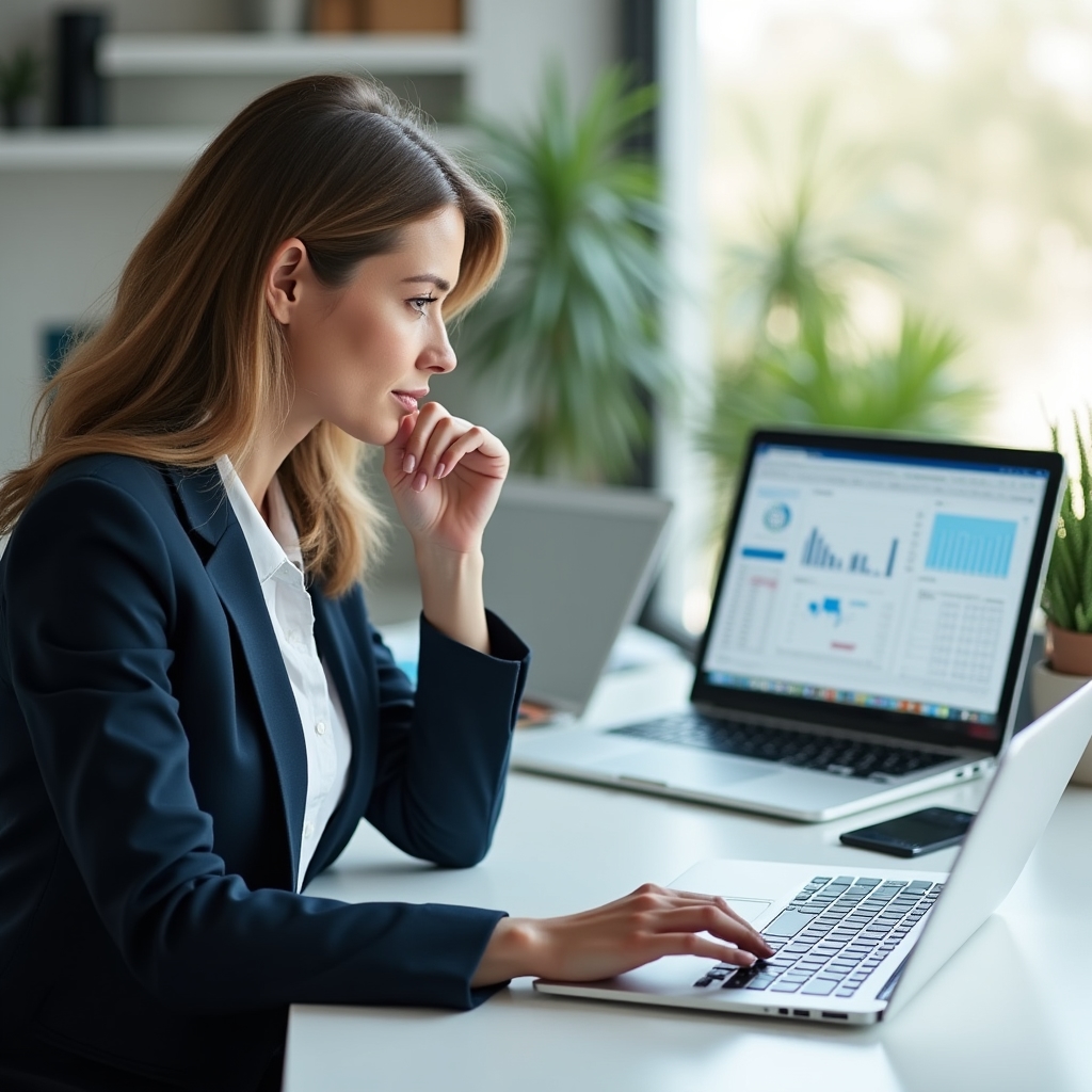 Marketing professional reviewing a spreadsheet of campaign performance figures on a laptop