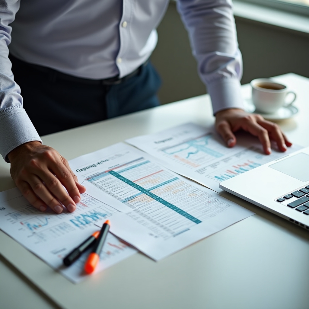 Close view of a marketing analyst organizing campaign data on a desk with a laptop and printed charts