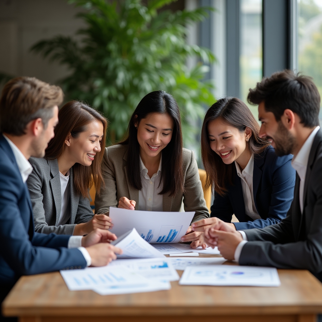 Small group of marketing professionals discussing a printed campaign report around a table